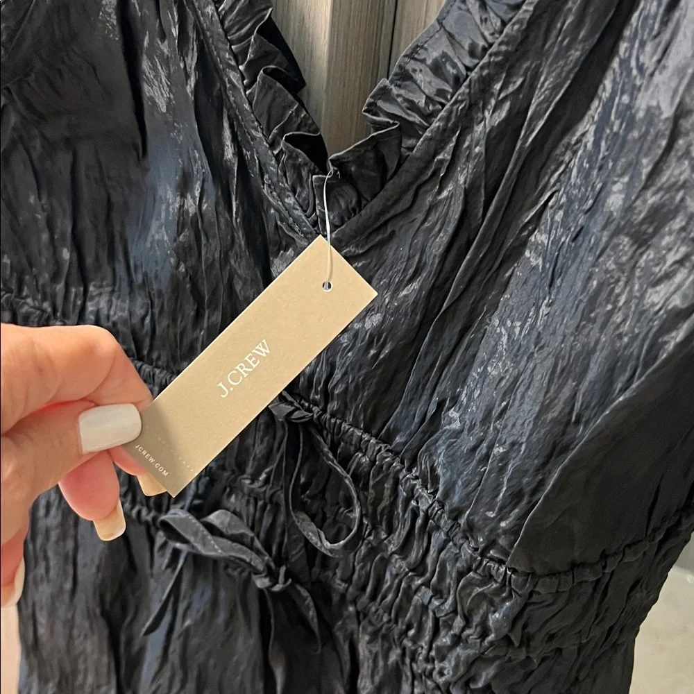 J. Crew Black Crinkled Midi Dress with Shoulder Ruffle and Side Slit NWT